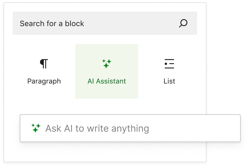The WordPress block chooser showing the AI Assistant block.