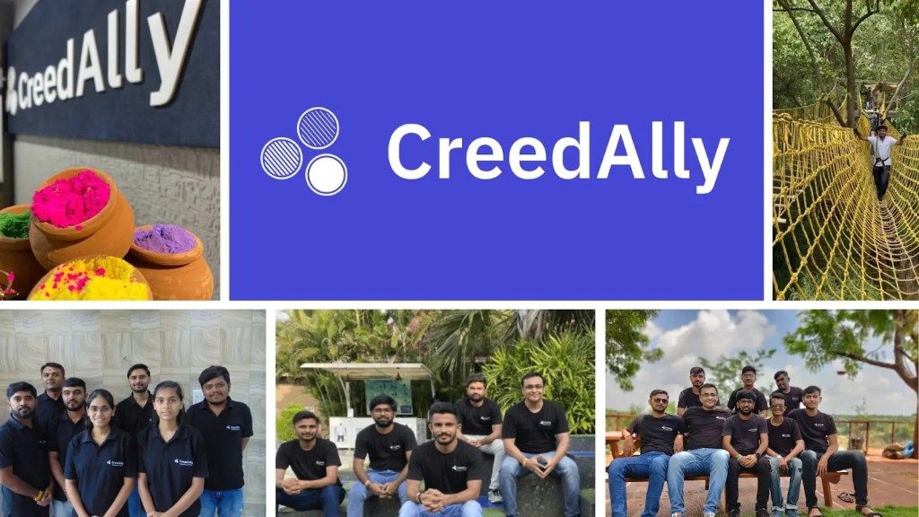 Collage of CreedAlly WordPress team members, logo, outdoor activities, and colorful festival powders in clay pots.