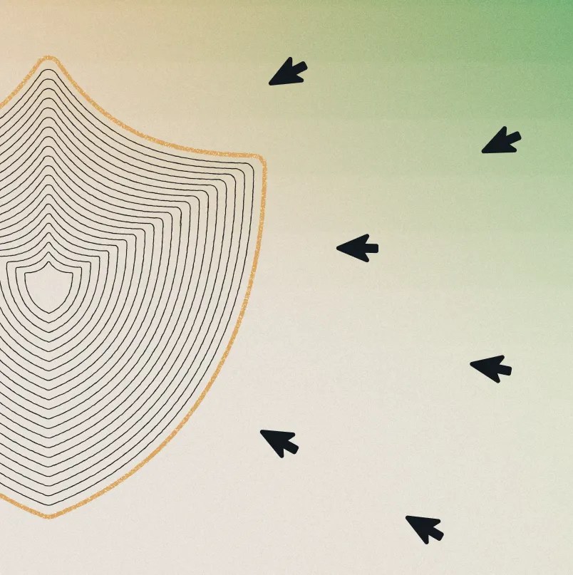 Abstract shield illustration with layered outlines and inward-pointing arrows on a green and beige gradient background.