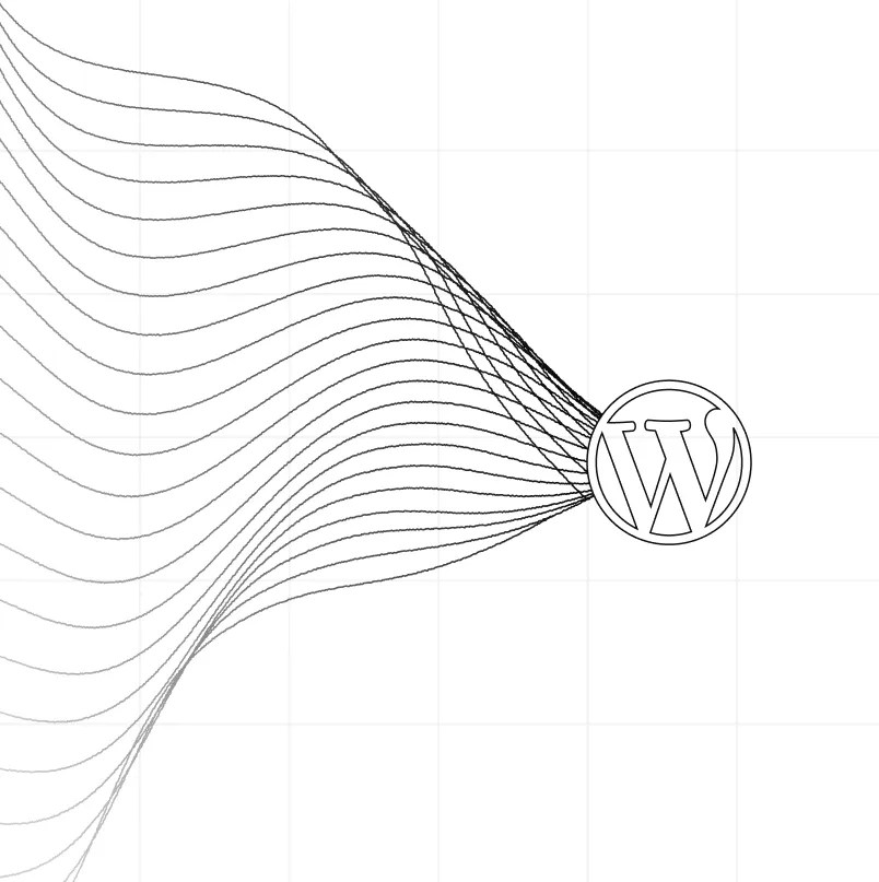 Abstract illustration of multiple interconnected pathways converging on the WordPress logo, representing enterprise agency partners coordinating migrations, implementations, and complex system integrations.