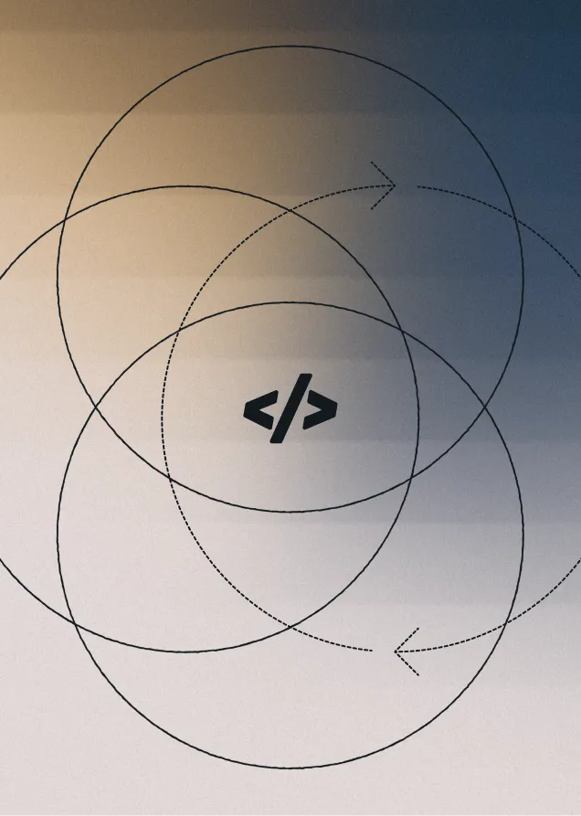 Illustration of overlapping circles with directional arrows surrounding a central code icon.