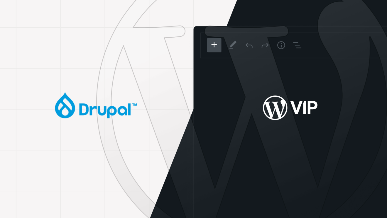 Split comparison graphic showing the Drupal logo on a light background on the left and the WordPress VIP logo on a dark background on the right, representing a side-by-side CMS platform comparison.