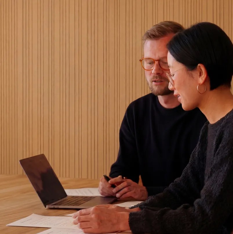 Two consultants reviewing project requirements on a laptop, collaborating on an enterprise WordPress implementation and integration planning session.