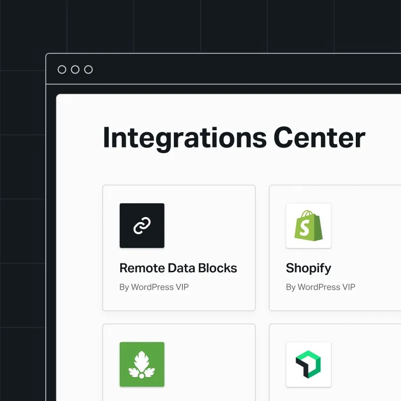WordPress VIP Integrations Center interface displaying enterprise technology integrations, including Remote Data Blocks, Shopify, and other partner solutions for extending platform capabilities.