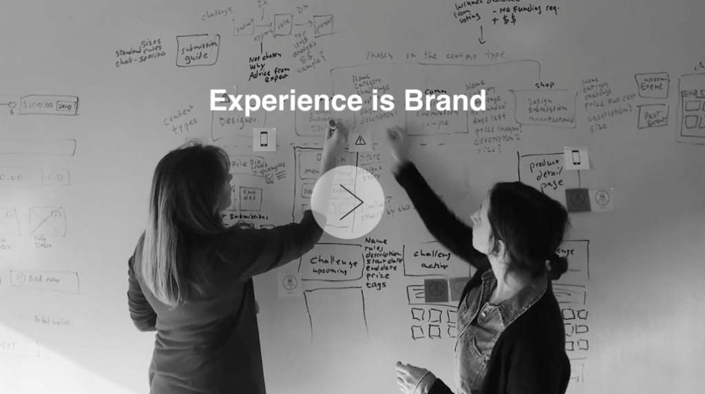 Two people brainstorming digital solution content strategy with Experience is Brand text central overlay.
