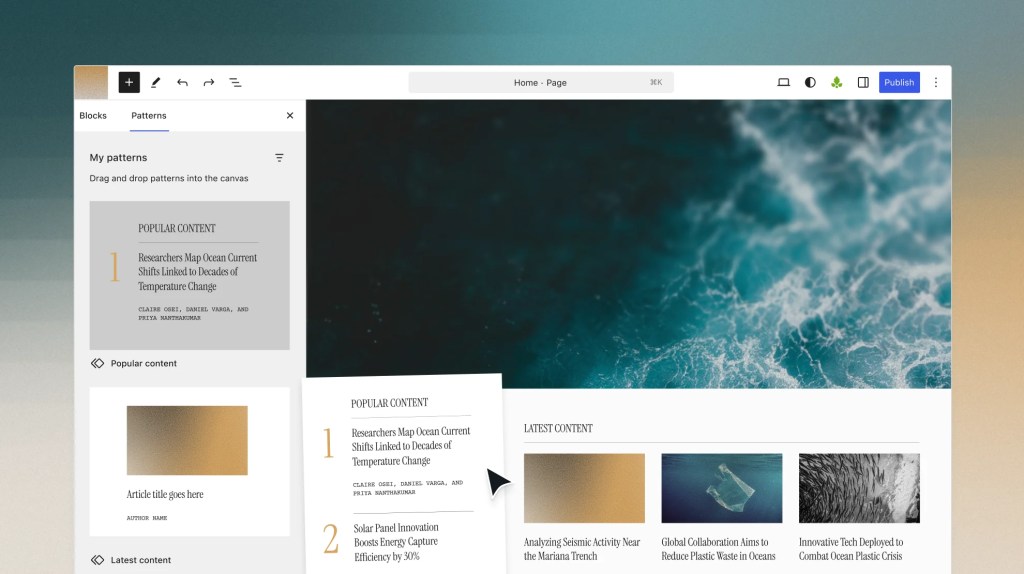 Enterprise content creation workflow using drag-and-drop content patterns in a visual editor.