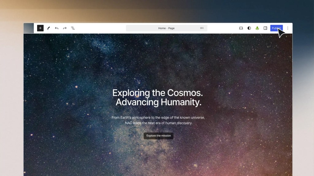 WordPress editor displaying a homepage with a space-themed hero section and the "Publish" button selected.
