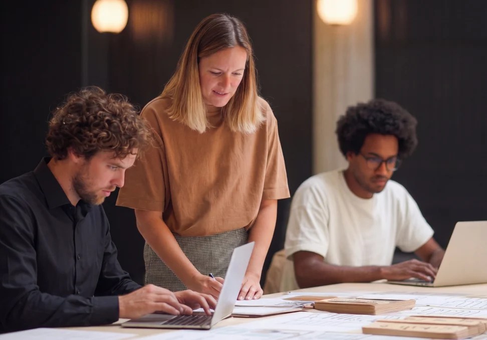 Person standing beside coworkers as they review information on laptops.