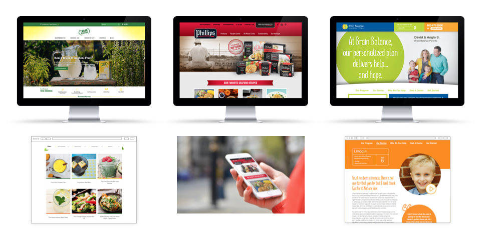 Food and health website layouts in a digital solution content management and publishing dashboard.