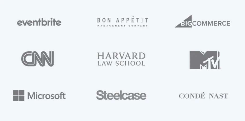 Grid of nine company logos representing organizations integrating with a digital solution for content publishing and workflows.