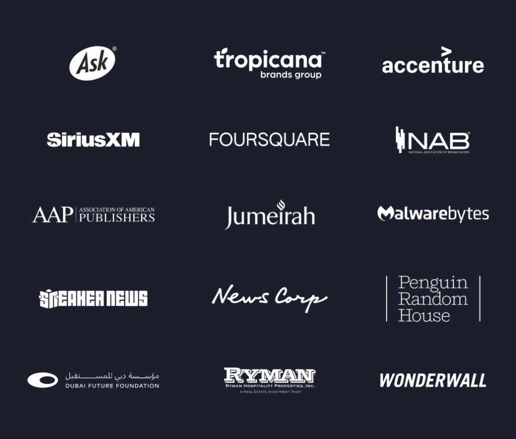 Logos of Ask, Tropicana, Accenture, SiriusXM, Penguin Random House for digital solution integration and publishing workflows.