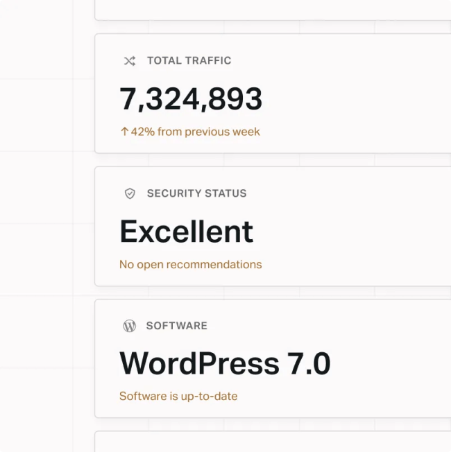 Enterprise dashboard displaying total traffic, security status, and WordPress software version to monitor site health and platform performance.
