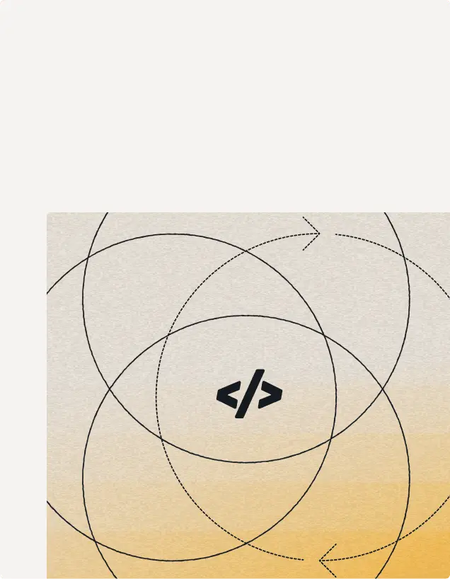 Abstract illustration of overlapping circles with dashed directional arrows surrounding a central code icon on a gold gradient background.