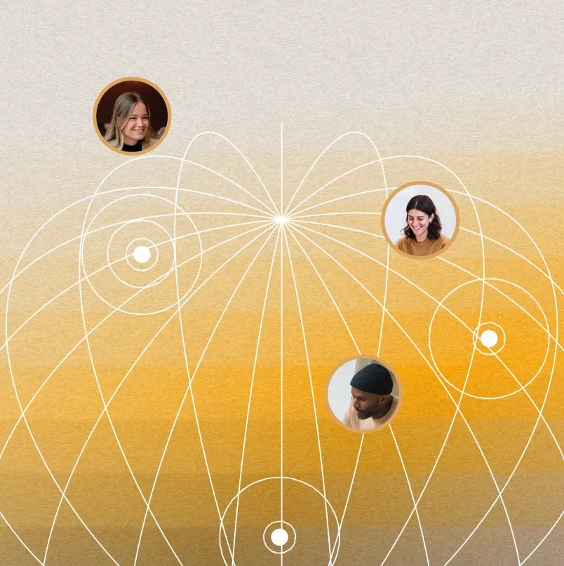 Illustration of connected team members linked through a network of intersecting lines.