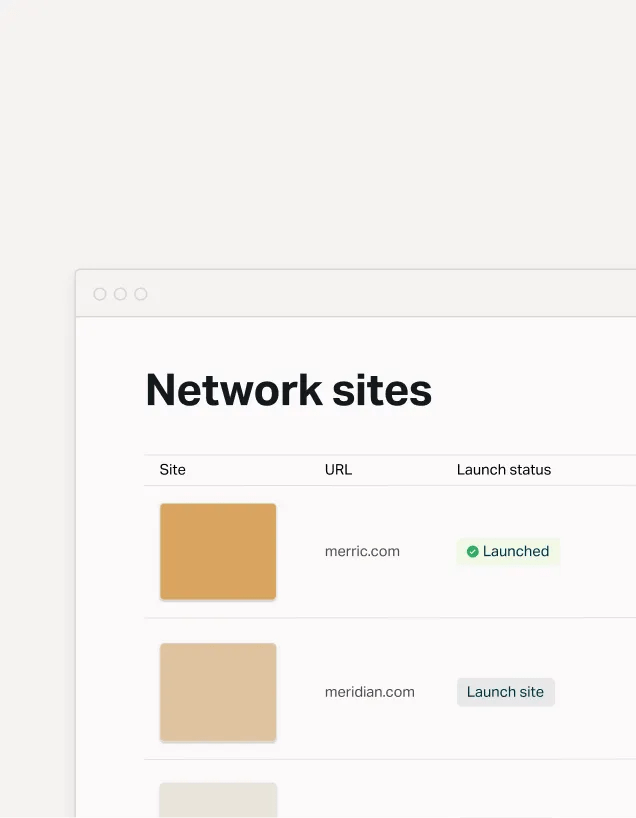 Dashboard listing network sites with URLs and launch status, illustrating multisite management for enterprise WordPress deployments.