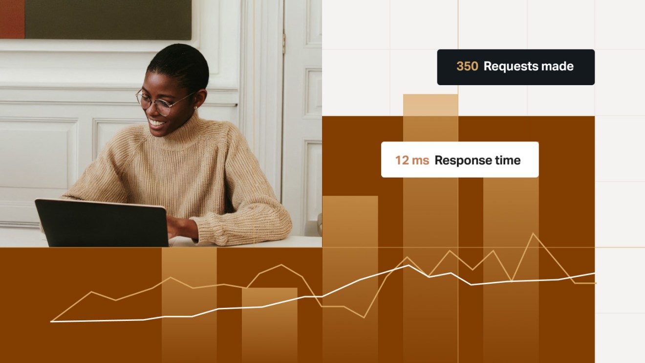 A team member working on a laptop, overlaid with a performance chart showing “12ms response time” and “350 requests made”—visualizing high-traffic event readiness.