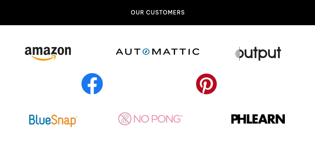 Logos of Amazon, Automattic, Output, Facebook, Pinterest, BlueSnap, No Pong, and Phlearn as digital solution customers.