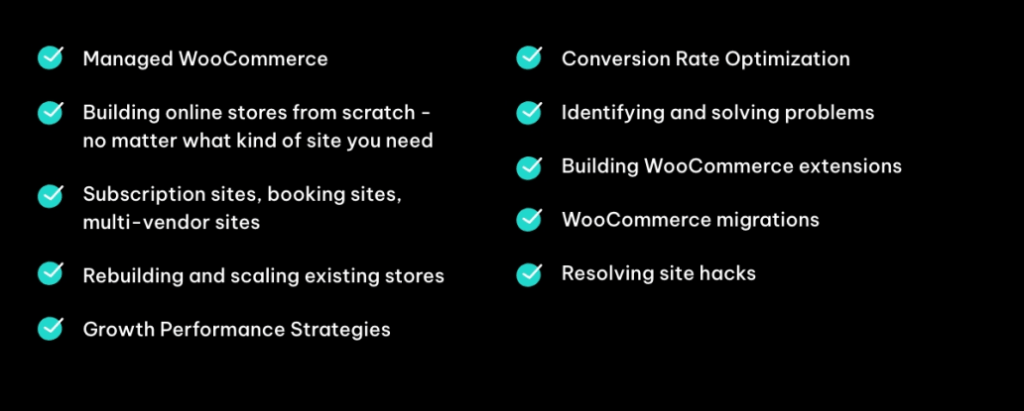 Checklist of digital solution WooCommerce services for store setup, integration, migration, and site optimization.