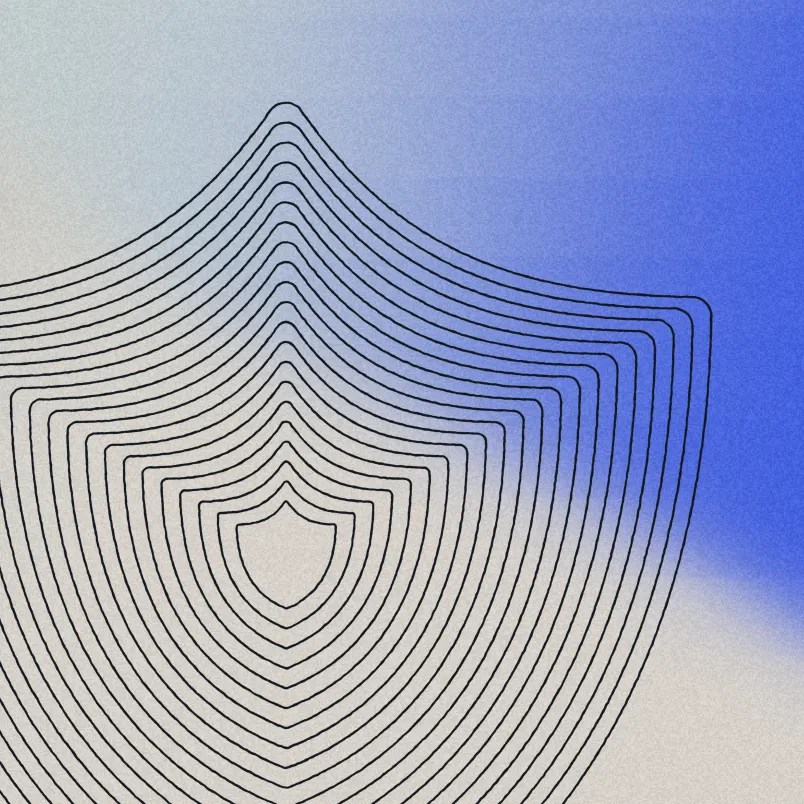 Abstract shield shapes in black outline over a blue and white textured gradient background, symbolizing Vulnerability Management and digital protection.