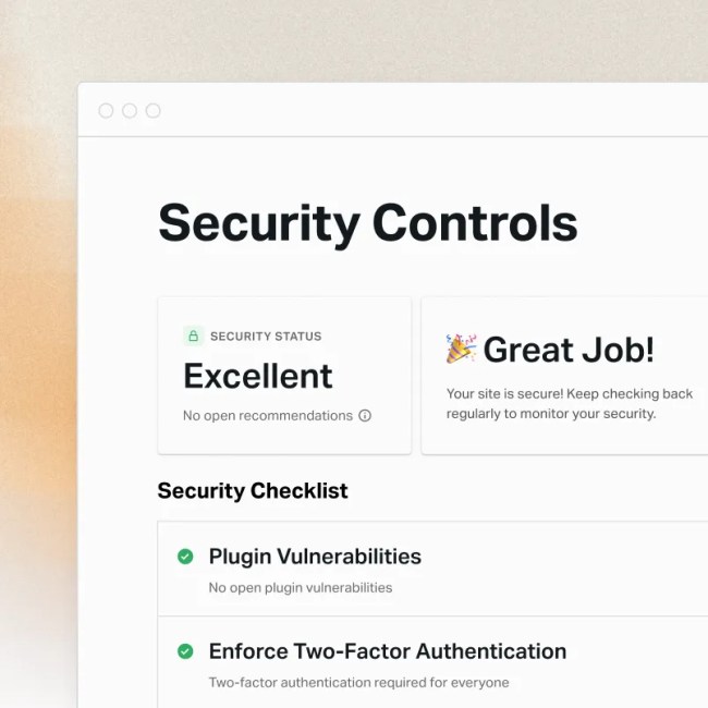 WordPress VIP security dashboard displaying an "Excellent" security status, security recommendations, and a checklist of active security controls.