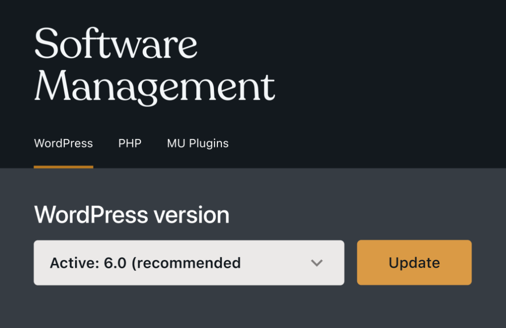 WordPress VIP software management screen showing WordPress version
