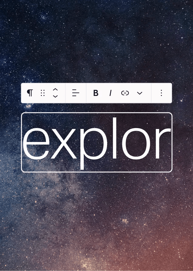 Text editing toolbar above a large heading being edited over a starry space background.