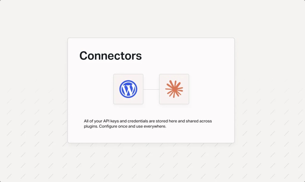 Connectors dashboard showing connected platform integrations and shared API credentials.
