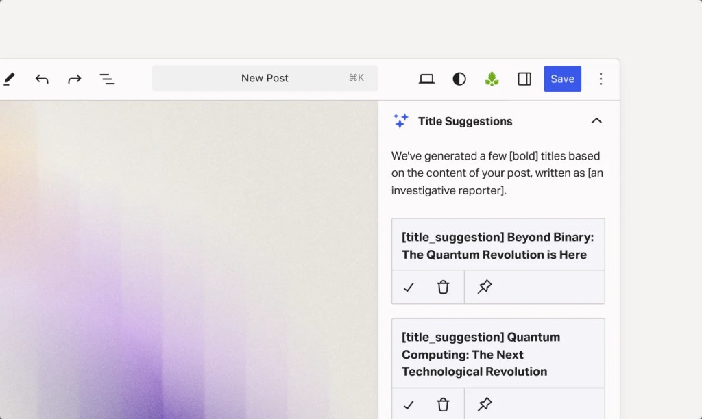 Content editor displaying AI-generated title suggestions for a draft post.