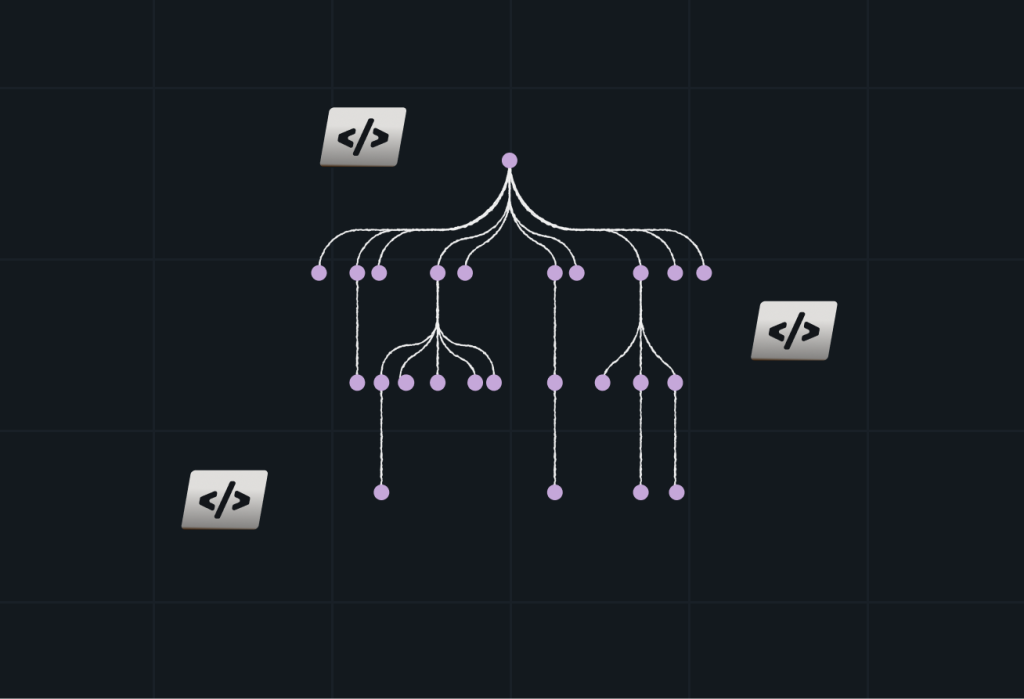 Abstract branching diagram with connected nodes and code symbols, representing hierarchical content structures, data relationships, or developer workflows.