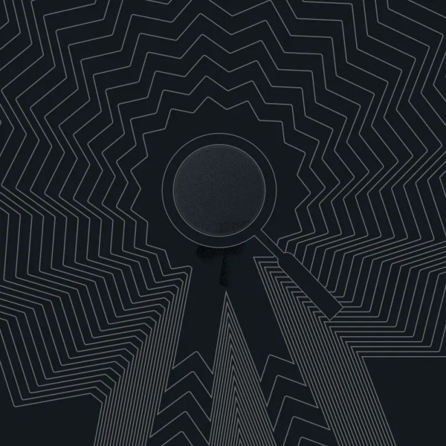 Abstract illustration of a magnifying glass over a ribbon-shaped badge, surrounded by layered geometric line patterns on a dark background.