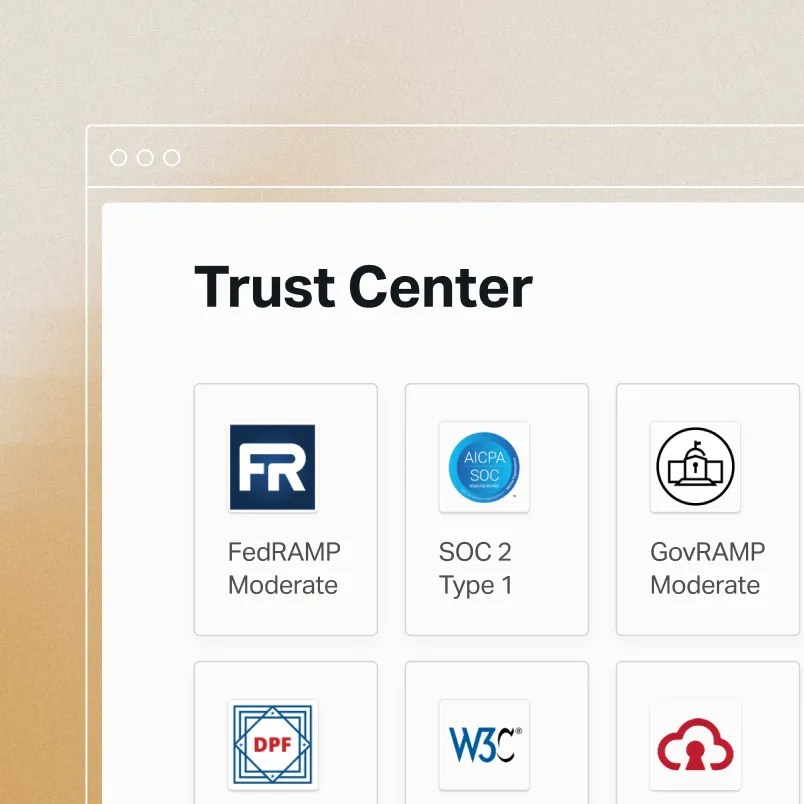 Trust Center dashboard displaying compliance certifications including FedRAMP Moderate, SOC 2 Type 1, GovRAMP Moderate, and other security standards.