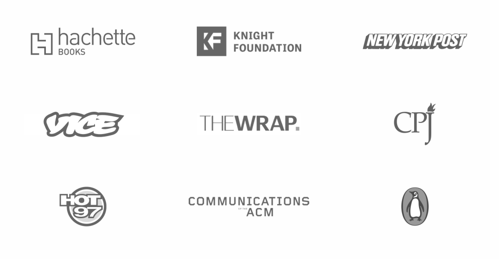 Logos of the following brands: Hachette Books, Knight Foundation, New York Post, Vice, The Wrap, CPJ, Hot 97, Communications ACM, Penguin Books.