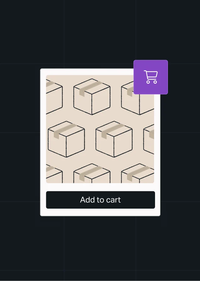 Product card showing a grid of shipping boxes, an "Add to cart" button, and a shopping cart icon.