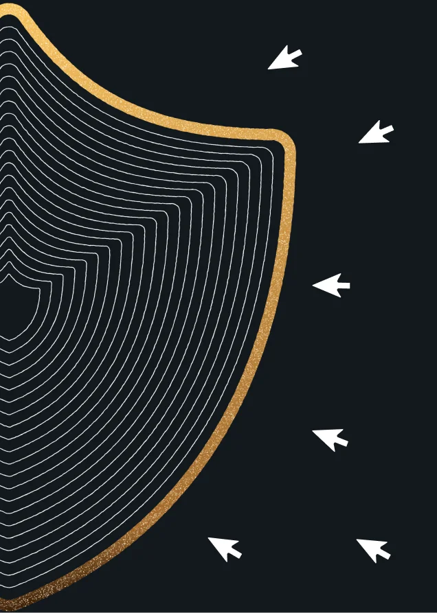 Shield outline with layered white contour lines and gold border, surrounded by inward-pointing white arrows on a dark background.