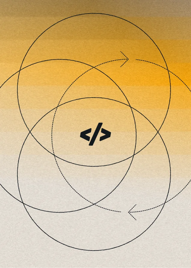 Abstract illustration of overlapping circles with dashed directional arrows surrounding a central code icon on a gold gradient background.