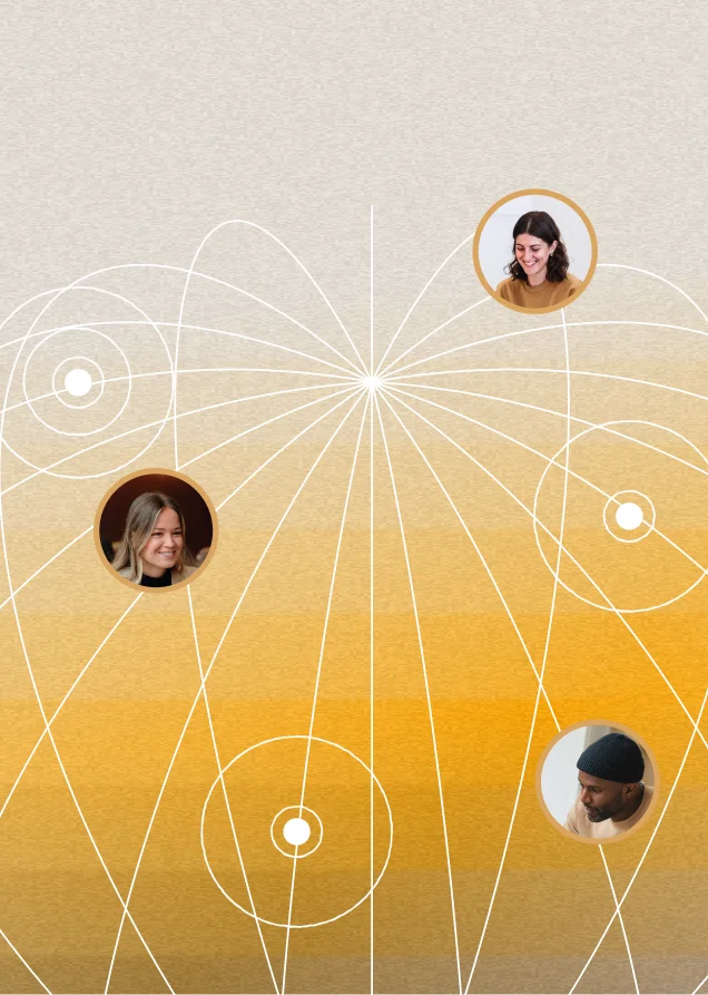 Illustration of connected team members linked through a network of intersecting lines.