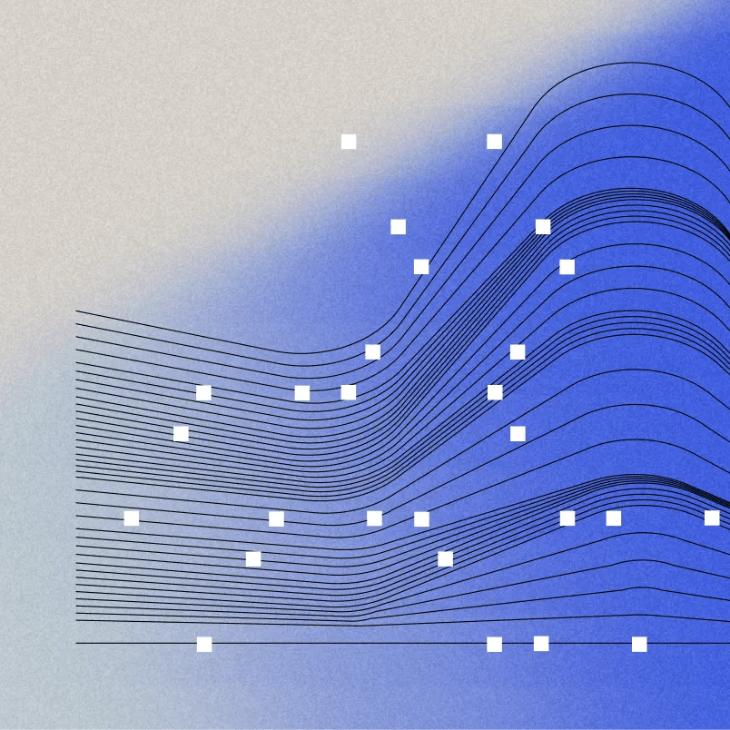 Abstract illustration of layered wavy lines with editable control points on a blue gradient background.