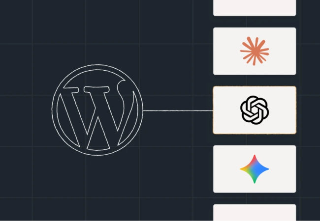 WordPress logo connected by a horizontal line to a vertical stack of rectangular cards displaying various AI platform logos on a dark grid background.