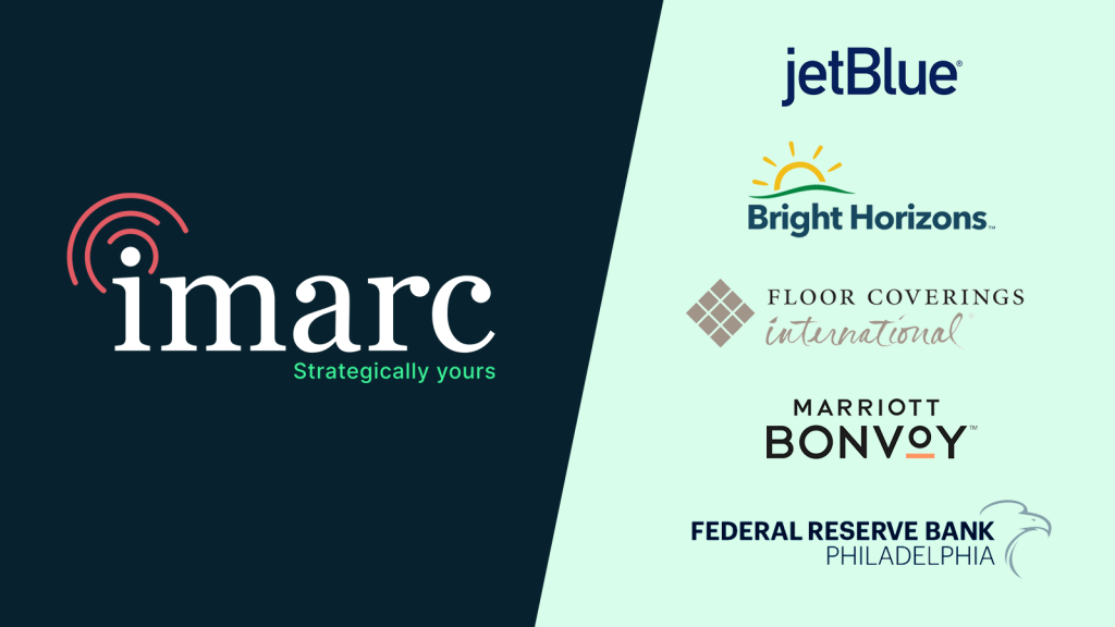 Logos for imarc, jetBlue, Bright Horizons, Floor Coverings International, Marriott Bonvoy, and Federal Reserve Bank digital solutions.