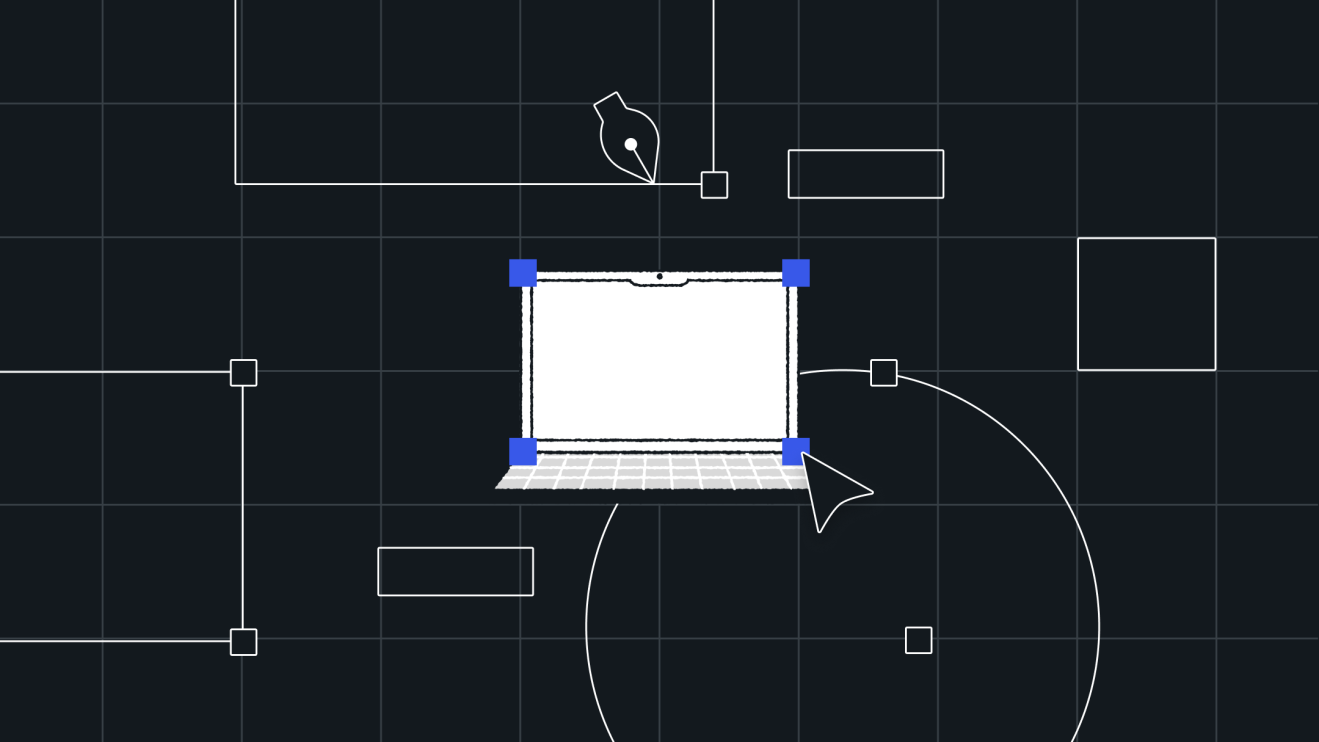 Illustration of a laptop on a dark grid background with white and blue geometric design elements, capturing the modern aesthetic of an enterprise website redesign.