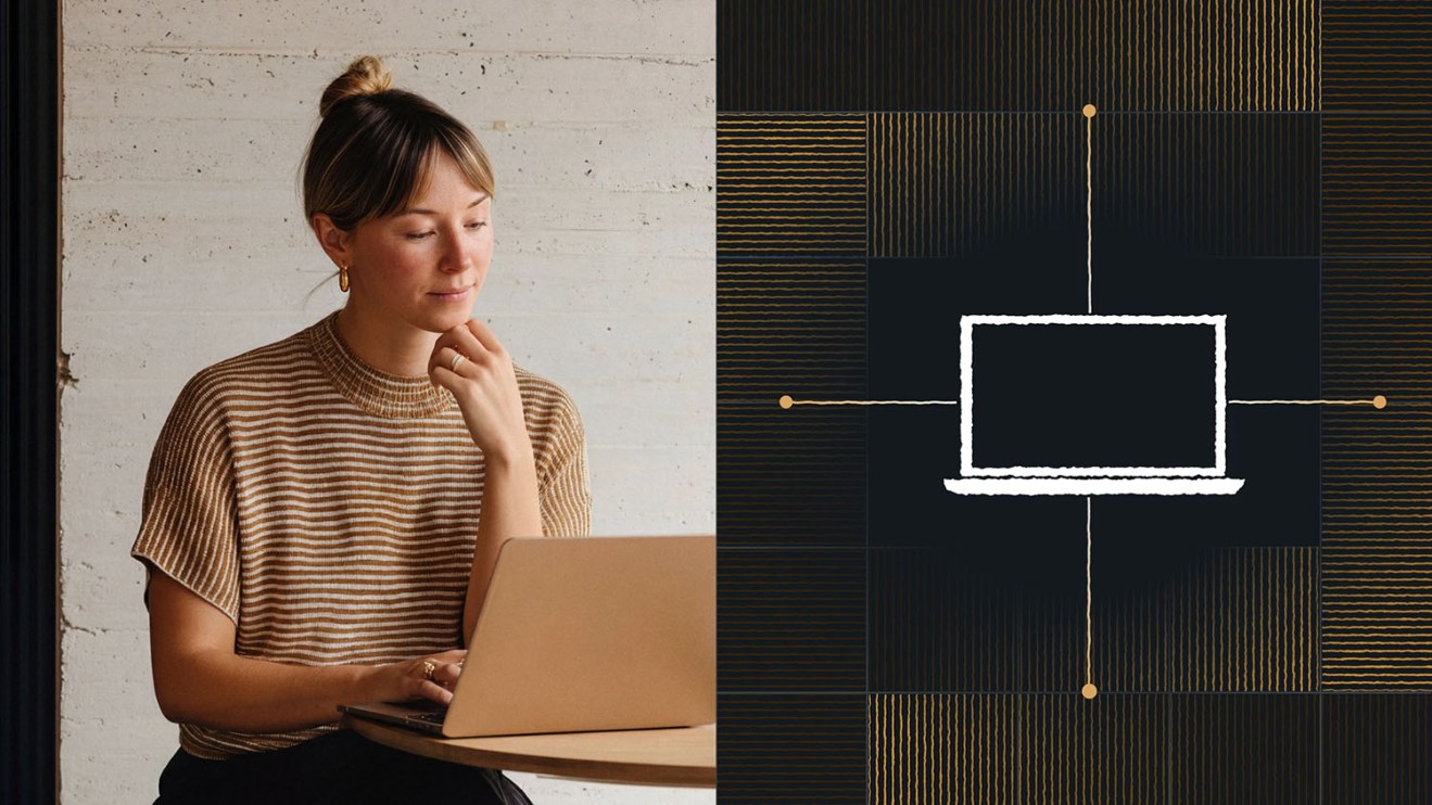 Woman in a striped shirt using a laptop next to a graphic illustration of a laptop on a dark background, highlighting the importance of Enterprise AI discoverability.