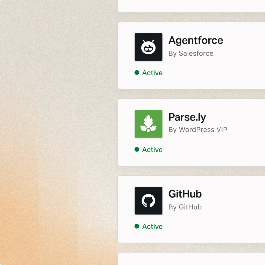 Three app cards—Agentforce, Parse.ly, and GitHub—each labeled Active with green dot indicators, showcase a streamlined dashboard designed for seamless AI agent governance and Secure MCP integration.