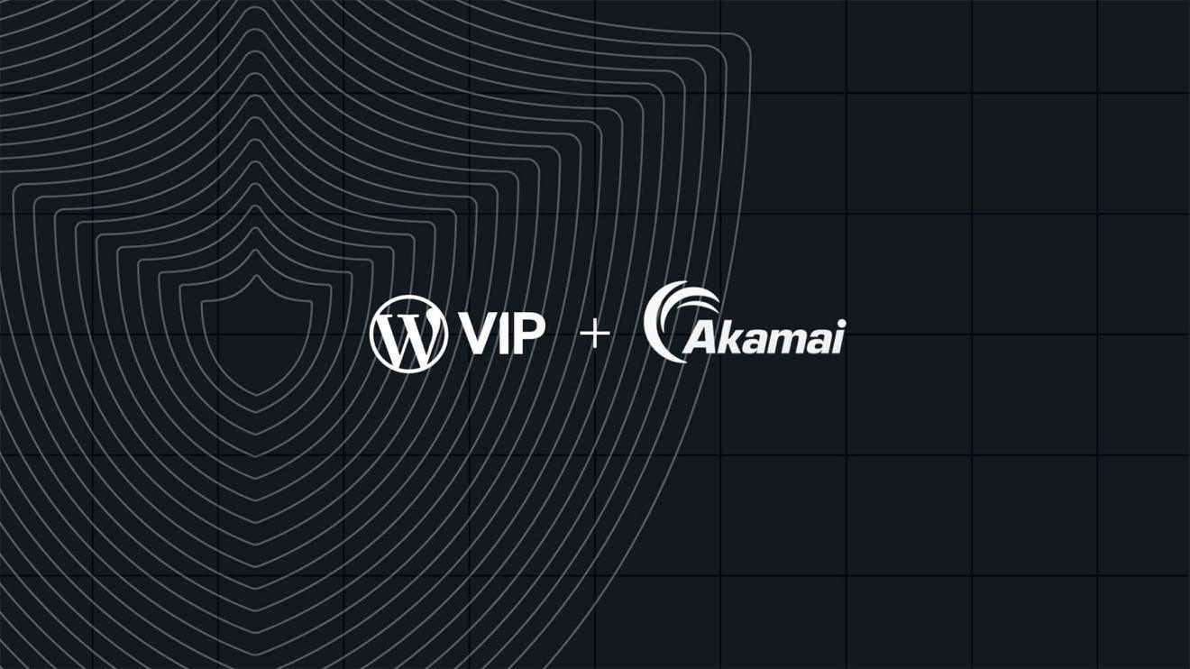 WordPress VIP and Akamai logos side by side on a dark background with abstract curved lines, highlighting their seamless Akamai integration.