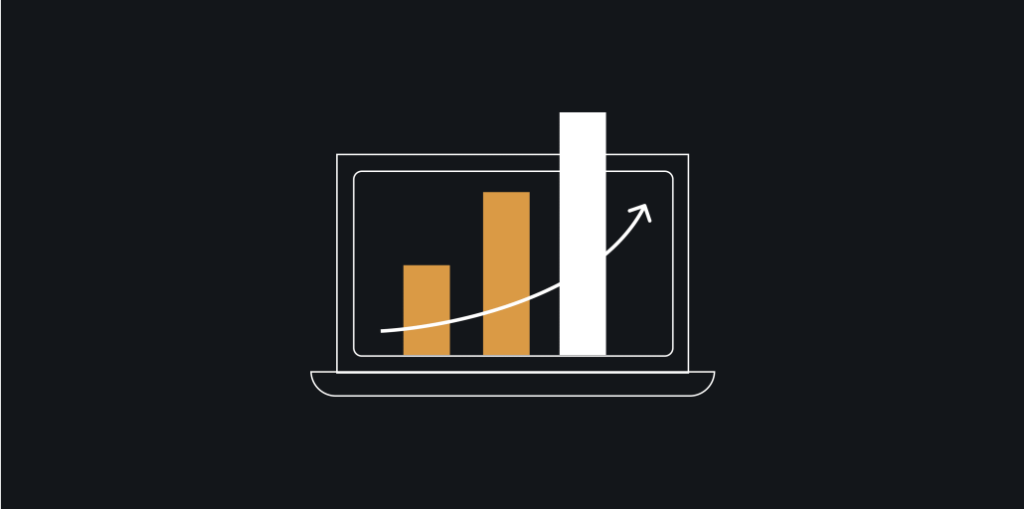 Laptop displaying a bar graph with three bars and an upward trending arrow on a dark background.