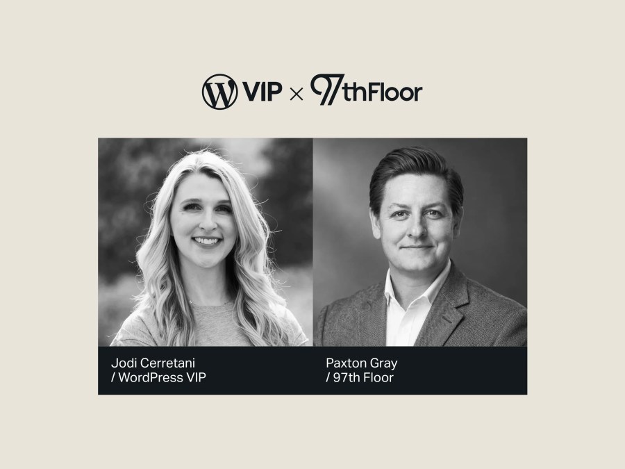 Two headshots side by side with WordPress VIP and 97th Floor logos above their names and companies, featured as part of the Enterprise AI Discoverability webinar series.