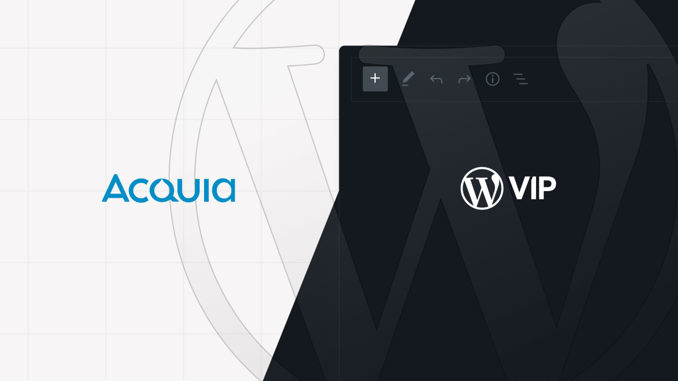 Acquia and WordPress VIP logos side by side on a light and dark split background with a faint WordPress logo.