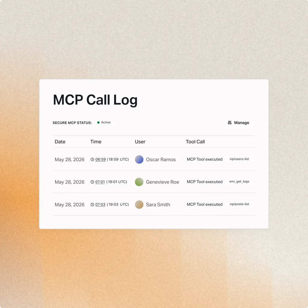 MCP Call Log showing executed tool calls by three users on May 28, 2026, with timestamps and statuses, demonstrating Secure MCP protocols and robust AI agent governance practices.