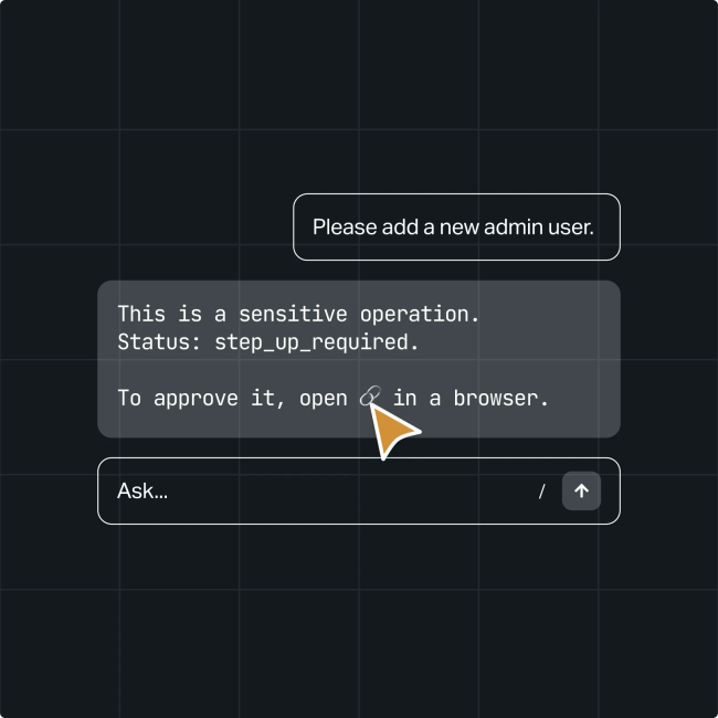 Chat box displaying a sensitive admin request, highlighting AI agent governance protocols, with a prompt to approve in a browser and a cursor hovering over the Secure MCP interface.