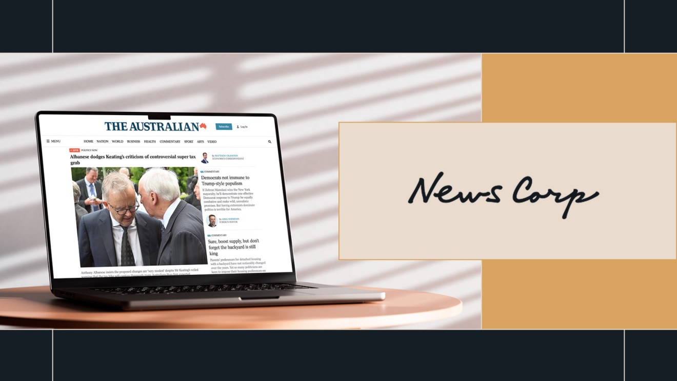A laptop displays The Australian website; beside it is text reading News Corp Case Studies on a tan background.