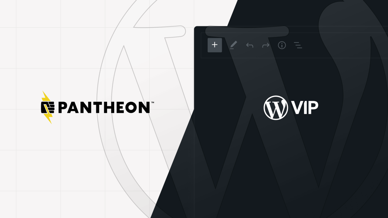 Pantheon and WordPress VIP logos on a split black and white background with subtle design elements, highlighting the WordPress VIP vs Pantheon comparison.
